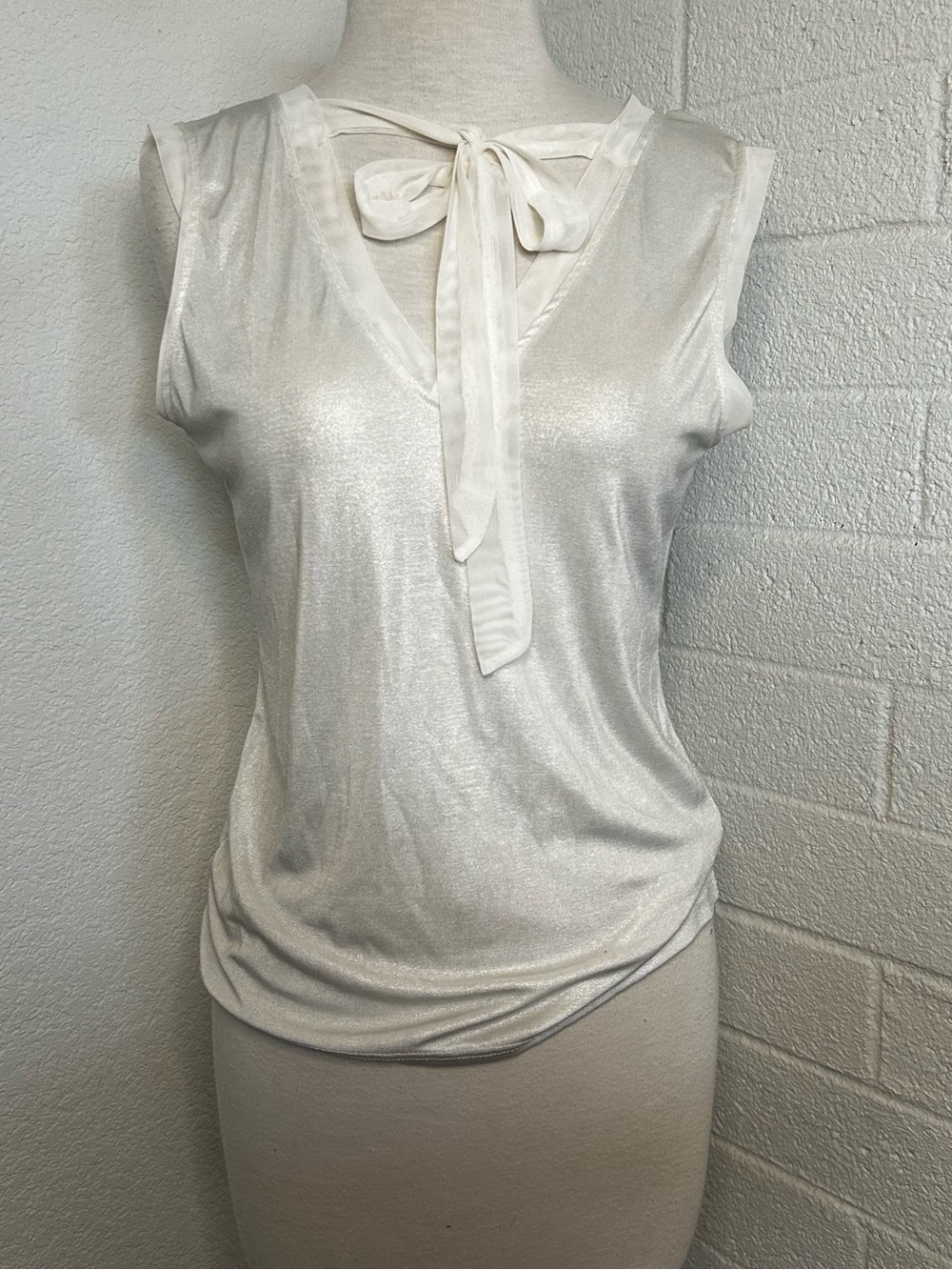 Y2k Shimmer White Metallic,Semi sheer,Blouse,Ribbon Tie, Coquette, Ballet Core